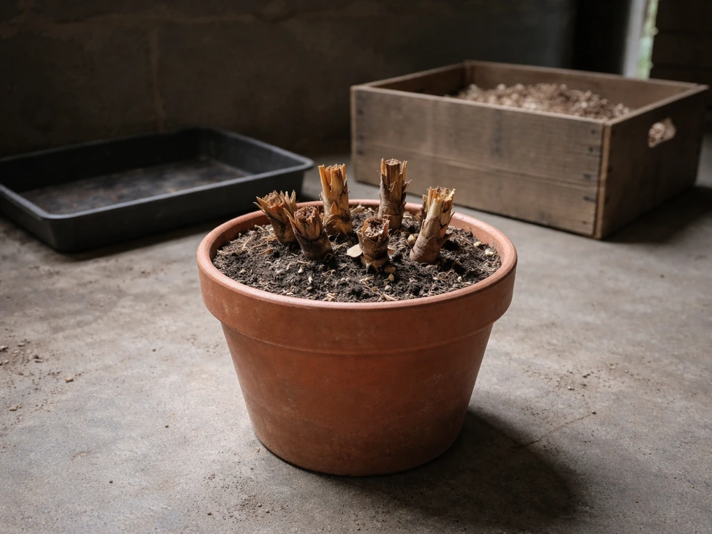 A potted canna stored in a cool dark basement/garage with leaves removed for winter overwintering.
