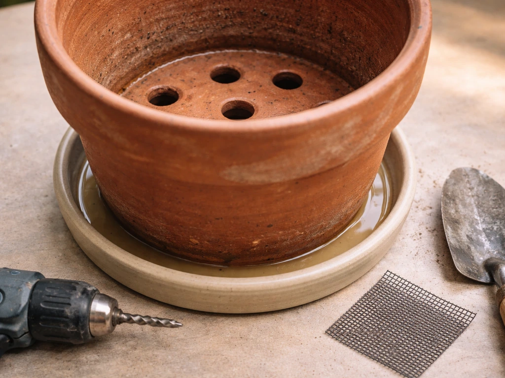 Potted plants showing drainage holes and a saucer setup to prevent root drowning