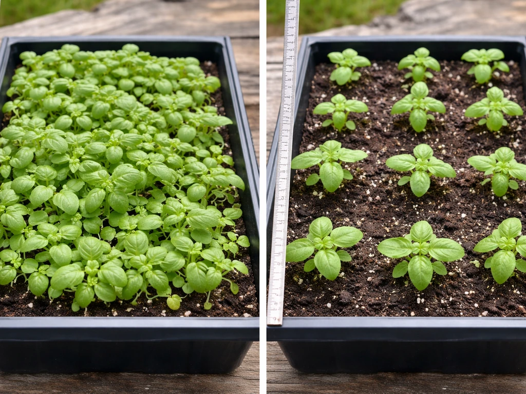Overcrowding prevention shown with correctly spaced herbs in separate containers