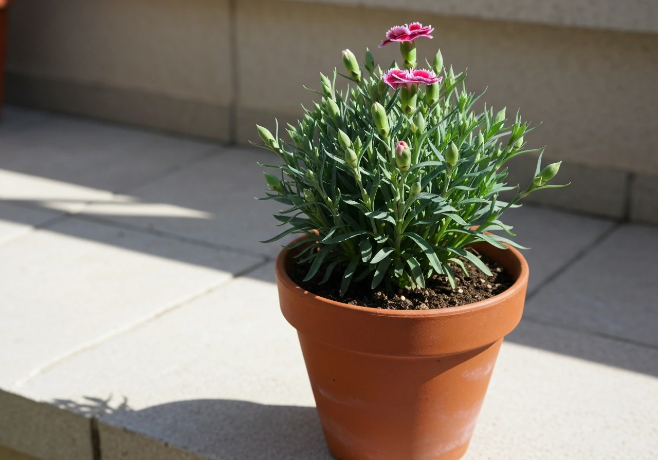 A healthy carnation plant growing in a small pot with compact roots contained
