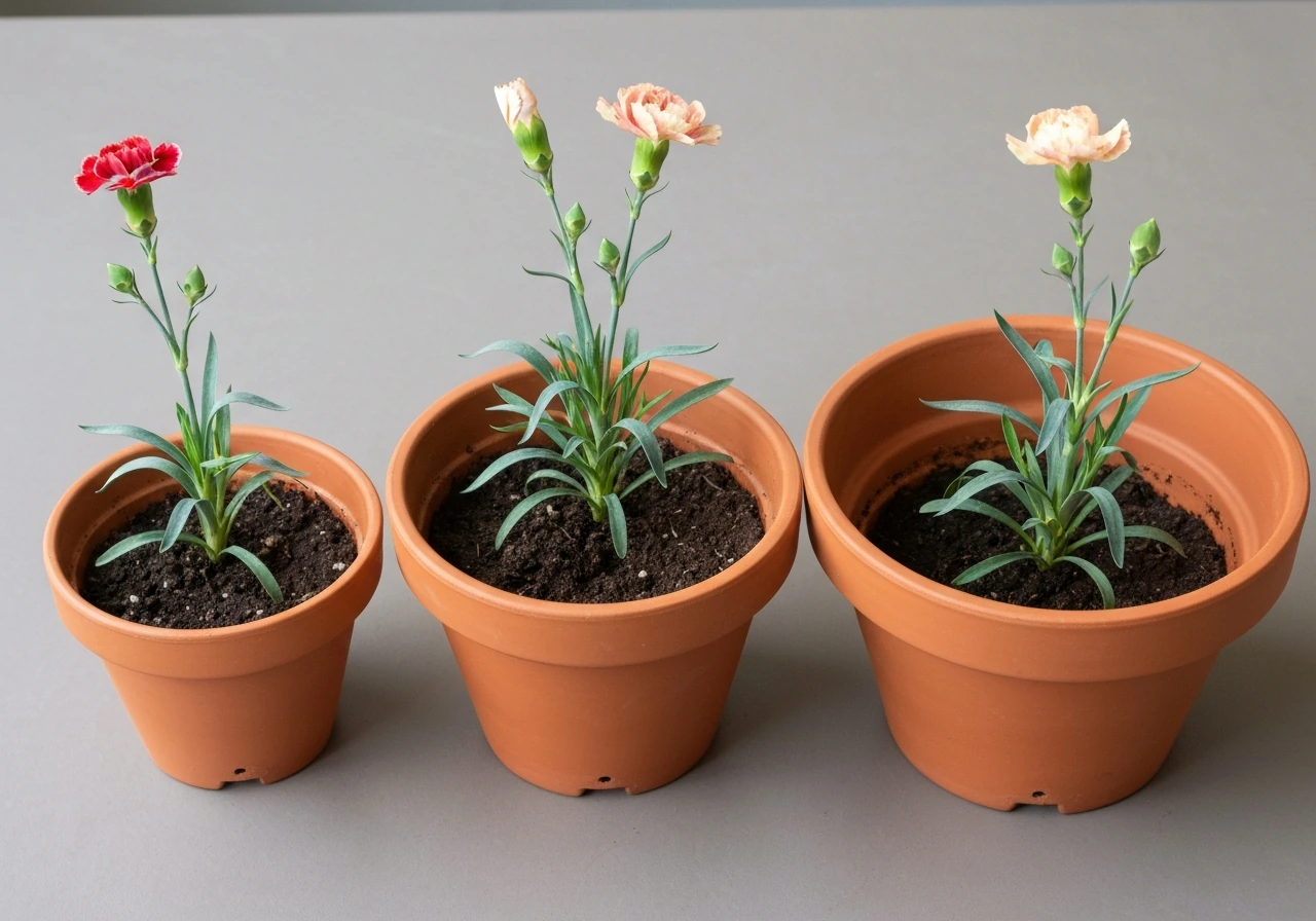 Three carnation plants in side-by-side pots showing too-small, properly sized, and larger diameters.