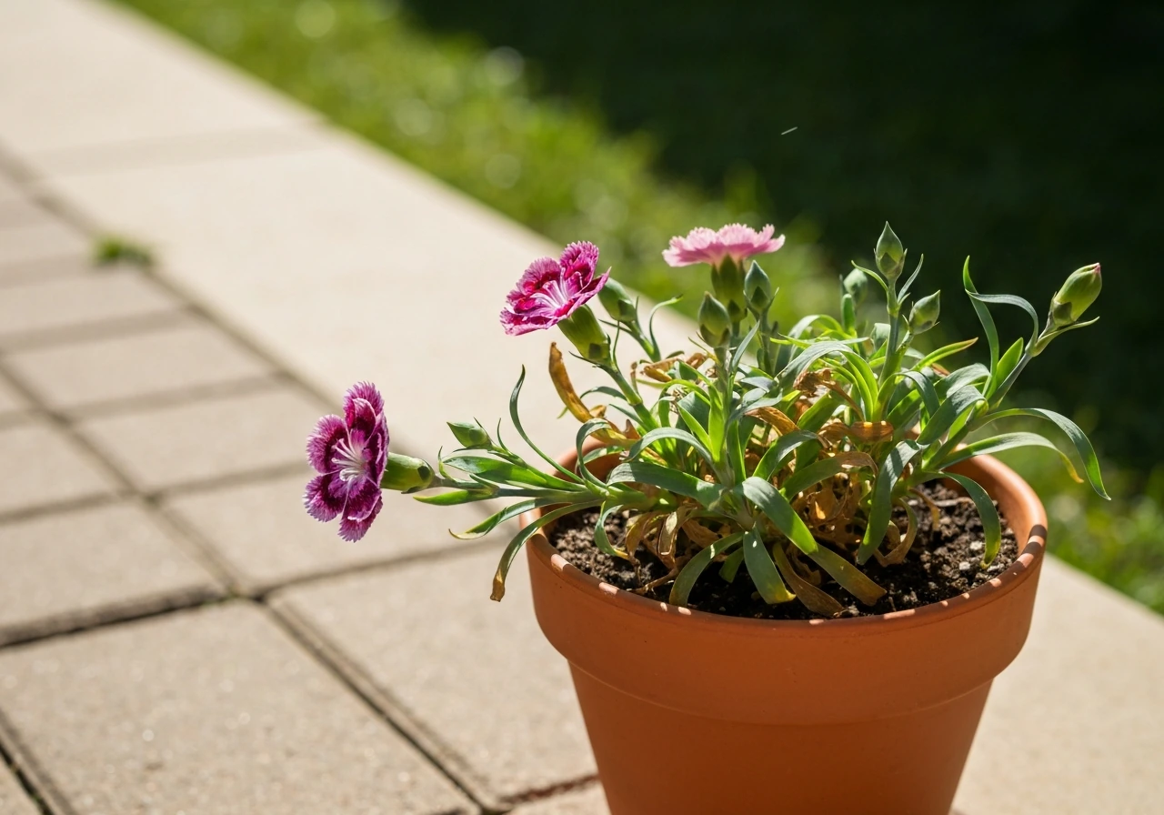 Sunlit carnation plant in a terracotta pot with dry leaves and a light breeze outdoors.