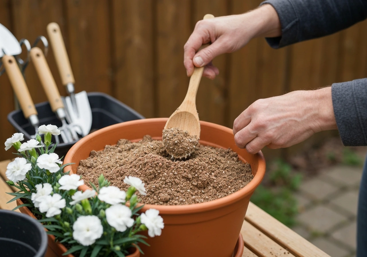 Hands spooning peat/coir potting mix into a terracotta container with carnations at the edge.