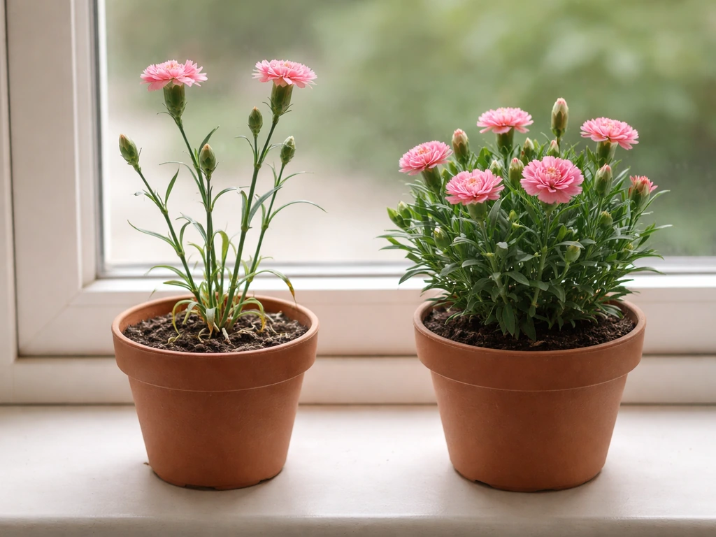Two carnation pots side-by-side: leggy plant on the left, healthier fuller plant on the right in bright light.