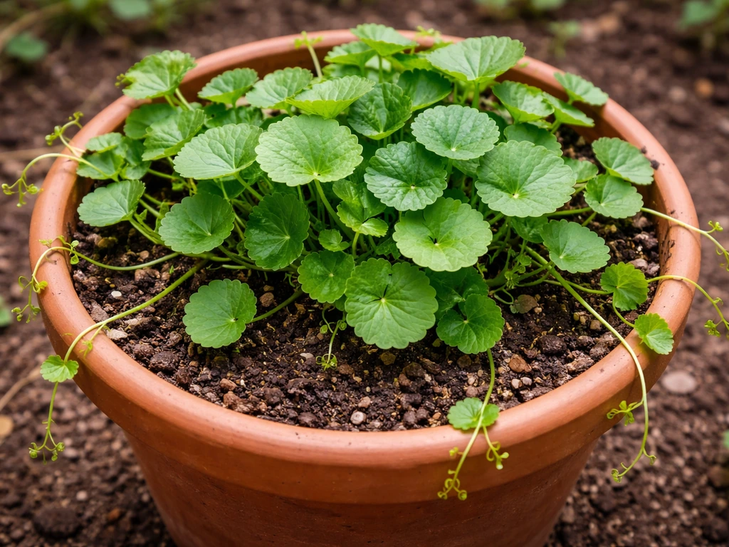 Top-down view of a wide pot of gotu kola with thick leafy growth spilling over the rim.