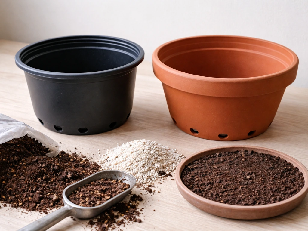 Wide plastic and terracotta pots with drainage holes beside loose potting mix for gotu kola-style planting