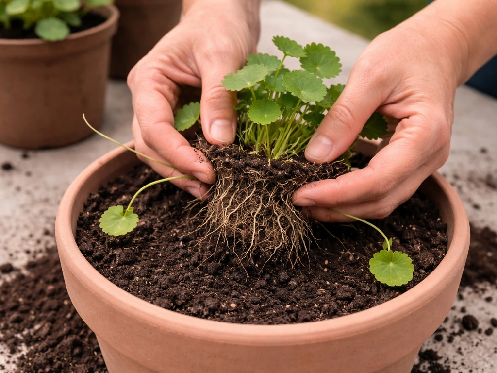 Close-up of hands transplanting gotu kola into a larger pot, roots spread and set at correct depth.