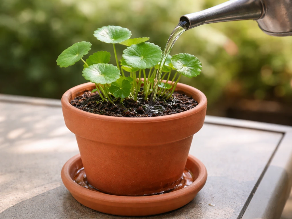 Watering a gotu kola plant in a pot with a watering can, soil kept moist and draining properly.