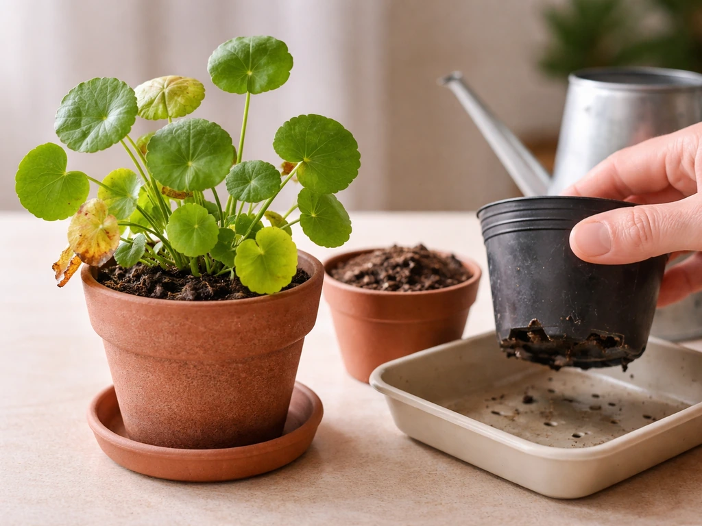 Close-up of yellowing gotu kola leaves beside an overwatering fix check setup with drainage holes and soil moisture.