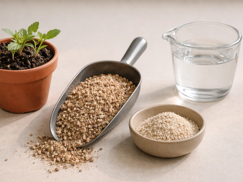 Minimal tabletop with marigold potting mix and simple organic fertilizer components, plus seedlings in a small pot.
