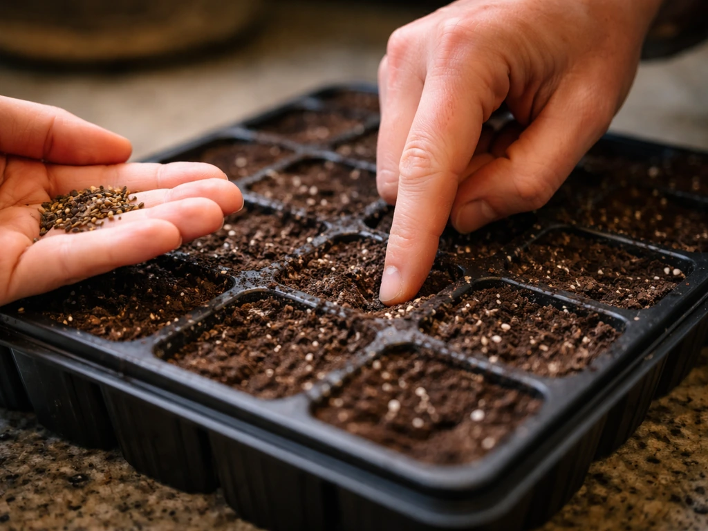 Hands pressing marigold seeds about 1/4 inch deep into a moist seed-starting mix in a small tray.