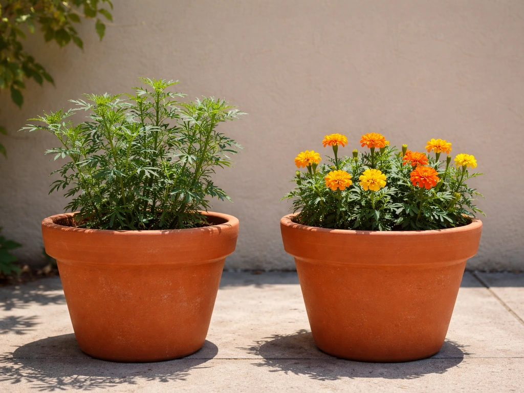 Two marigold pots side-by-side: one leggy with no blooms, the other compact with bright flowers.