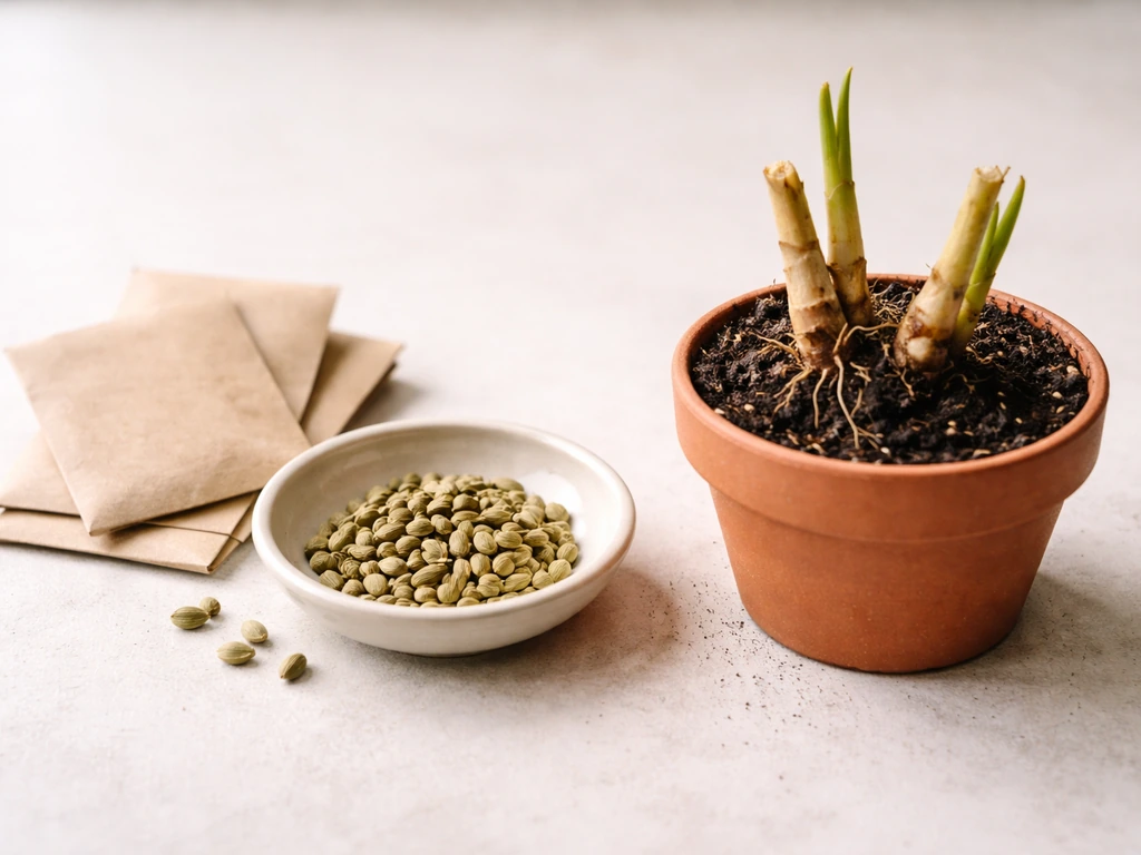 Side-by-side photo of cardamom seeds packets and a rhizome division planted in a small pot