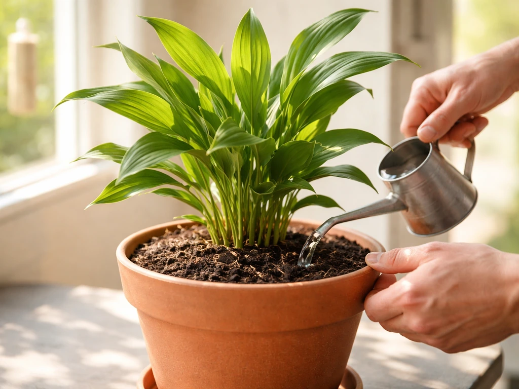 Hands applying liquid fertilizer to potted cardamom plant in a warm, bright spot
