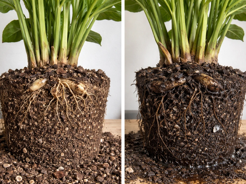 Cardamom in a pot with split contrast: healthy dry roots on one side vs rhizome rot from overwatering on the other