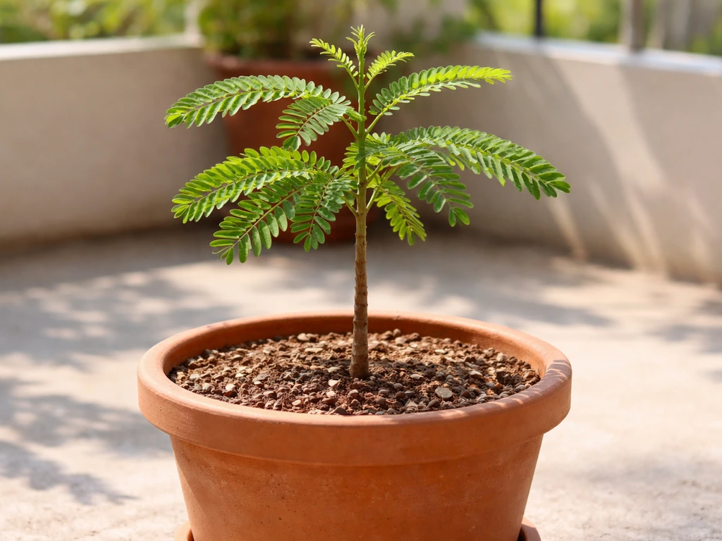 Small tamarind sapling with lush leaves in a large pot on a sunny patio