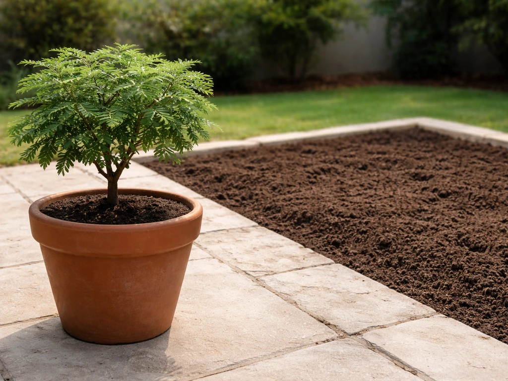 Potted tamarind tree with compact canopy beside an in-ground garden area with space