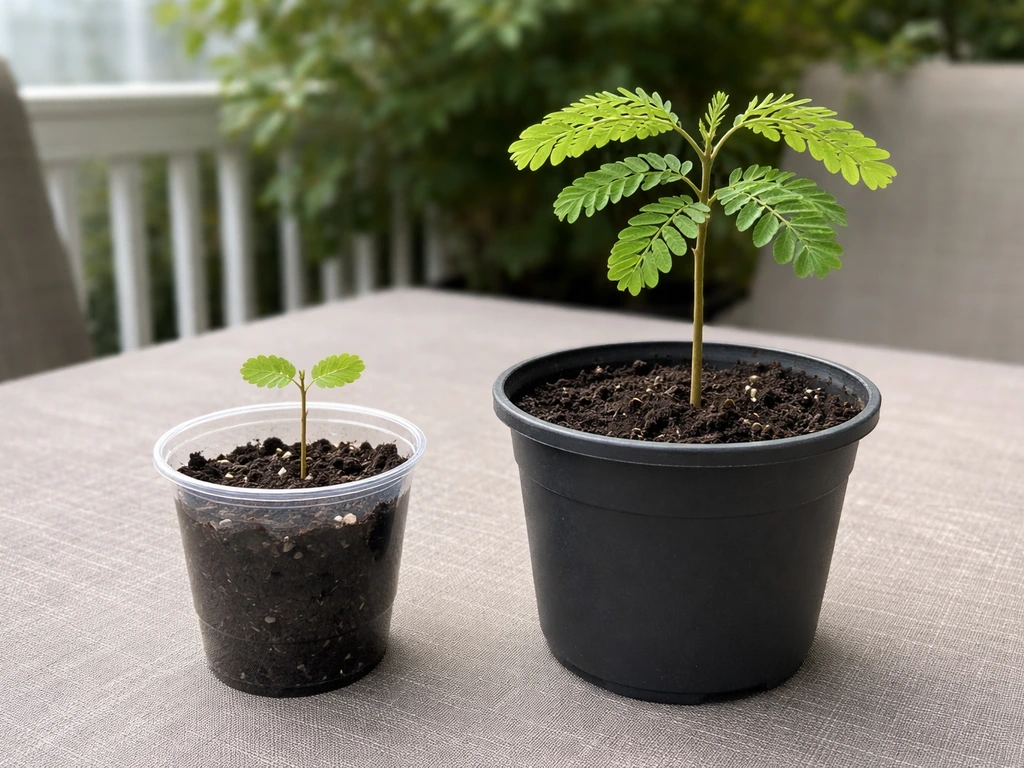 Side-by-side tamarind seedling in a small pot and an established sapling in a larger pot