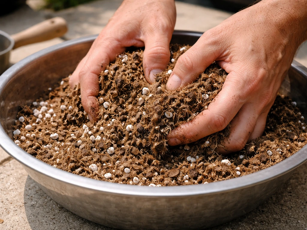 Close-up of hands blending a well-draining potting mix with airy perlite/pumice in a metal bowl.