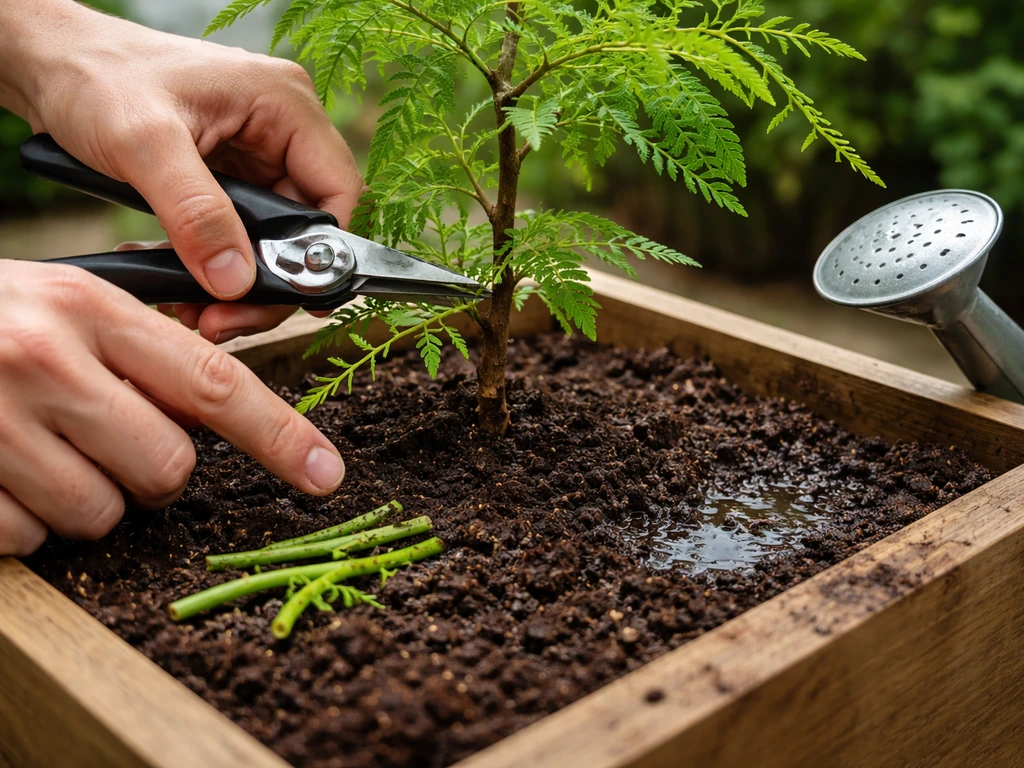 Hands pruning a tamarind in a container and testing moist soil before watering.