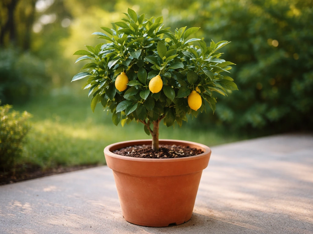 Compact potted Meyer lemon tree with glossy leaves in a small terracotta pot on a patio