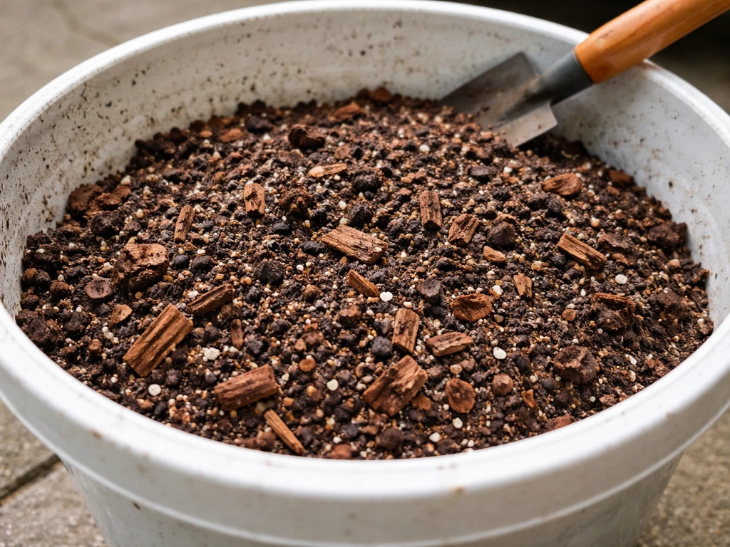 Close-up of pine bark and coarse potting soil mixed in a bucket for potted citrus.