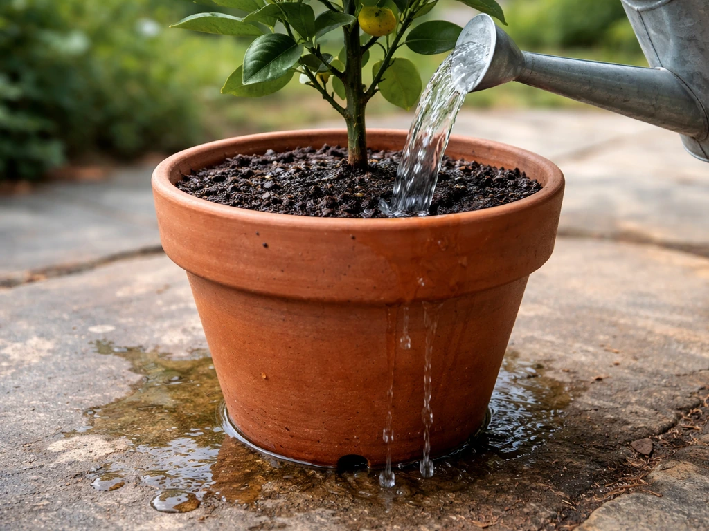 Watering a small citrus in a terracotta pot, pouring until water drains from the bottom holes.