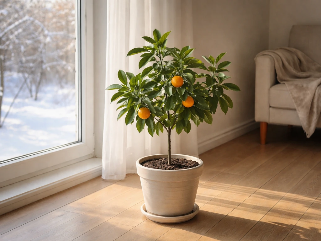 Potted citrus tree by a bright south-facing window in winter, cozy indoor light.