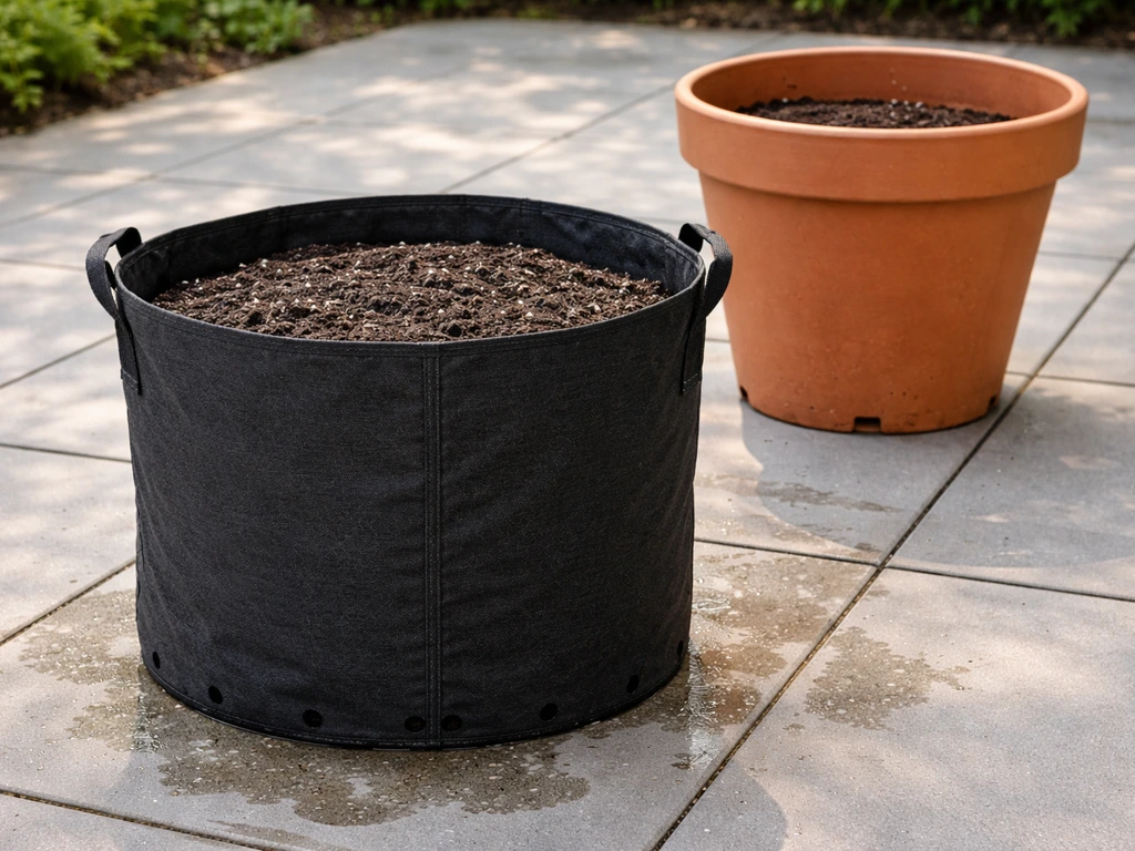 20-gallon fabric grow bag on a patio with visible drainage holes and space for gourd roots.