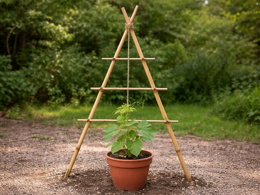 Potted bottle gourd supported by a simple bamboo A-frame trellis, ready for vines to climb.