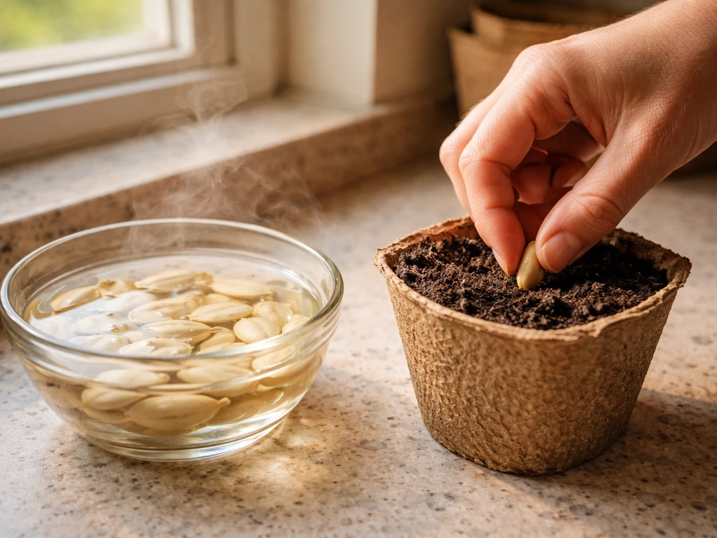 Bottle gourd seeds soaking in warm water beside a pot of moist soil as one seed is planted.