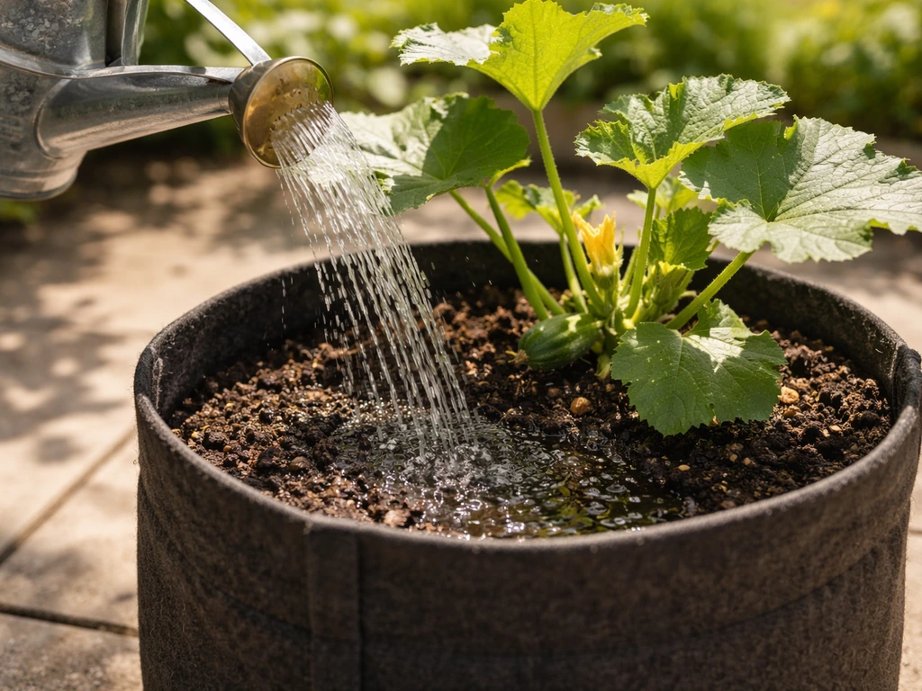 Watering can pouring water into the soil at the base of a gourd in a fabric pot, showing deep soaking.