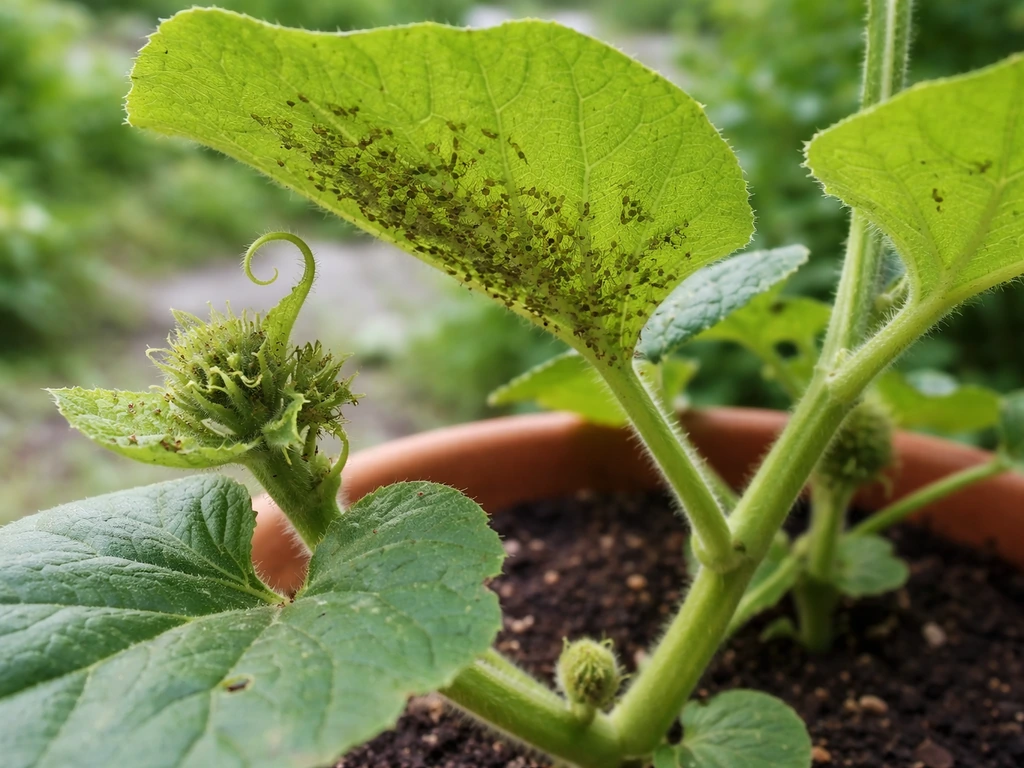 Aphids clustered on the underside of bottle gourd leaves with some damaged young growth visible.