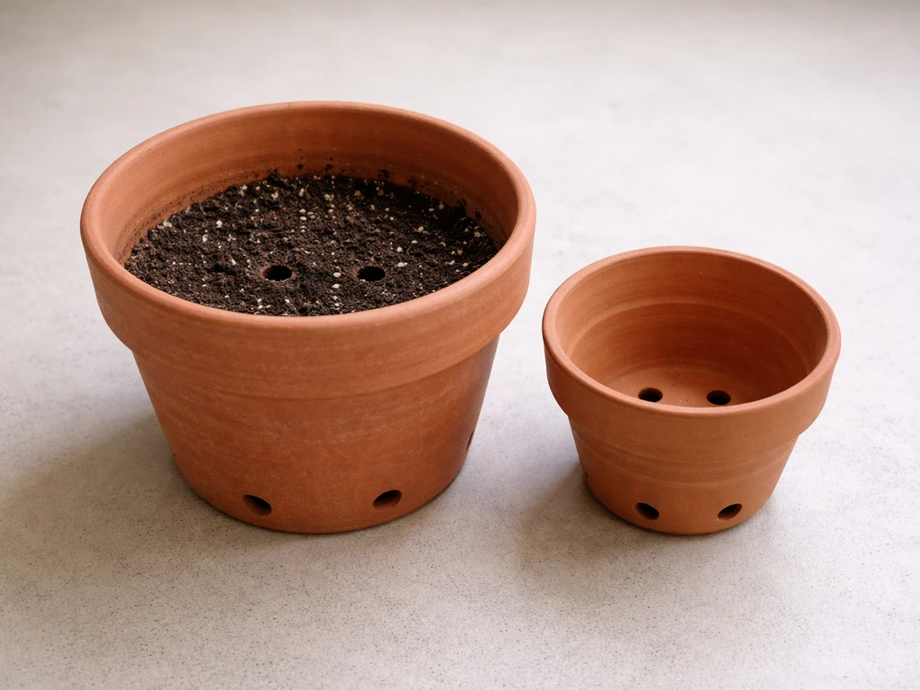 Large terracotta pot with drainage holes beside a smaller pot, showing correct vs restricted space for alstroemeria.