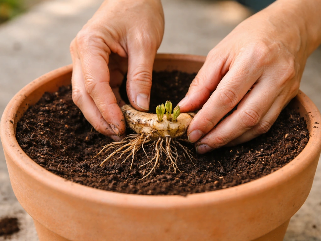 Close-up of a hand placing an alstroemeria rhizome into a pot, ready to cover with soil.