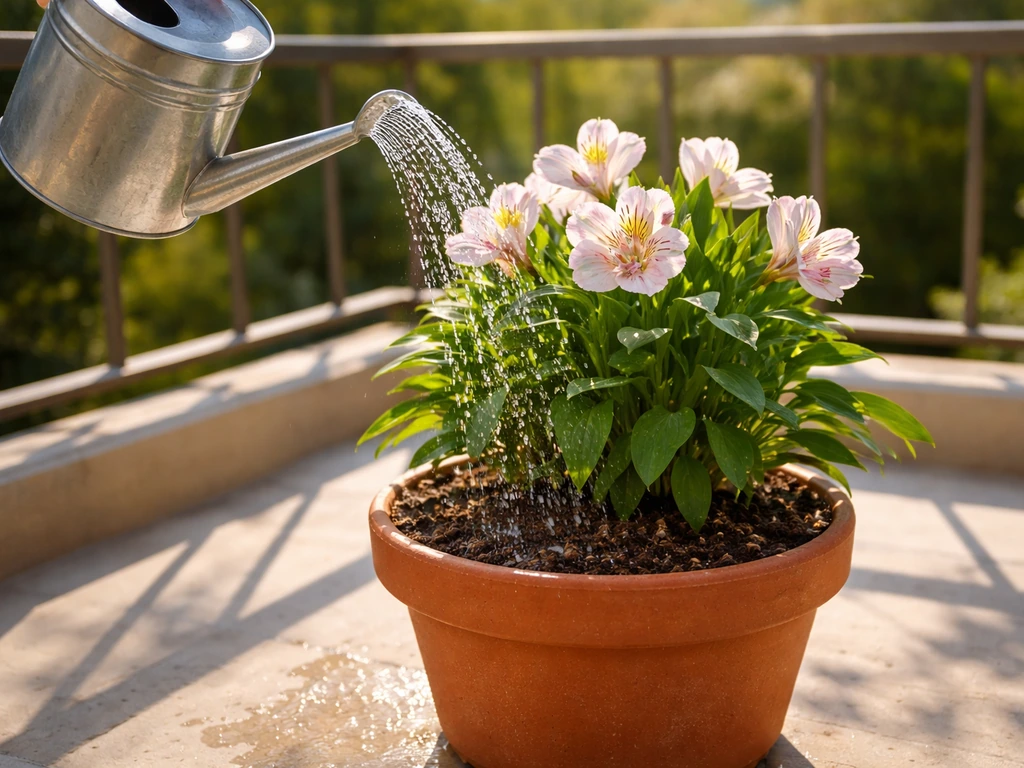 Alstroemeria in a pot on a sunny patio as a watering can waters the compost.