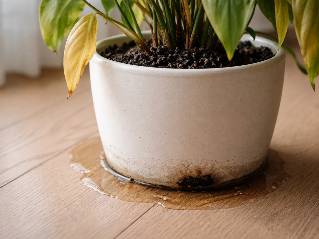 Indoor potted plant with slightly yellowing leaves beside a damp, waterlogged pot with pooled water.
