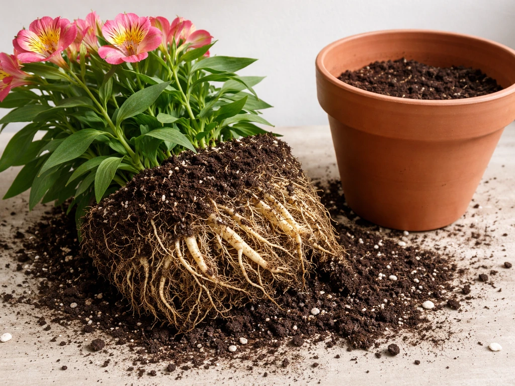 Alstroemeria clump tipped from a pot onto a bench, dense roots visible, larger pot ready beside it.