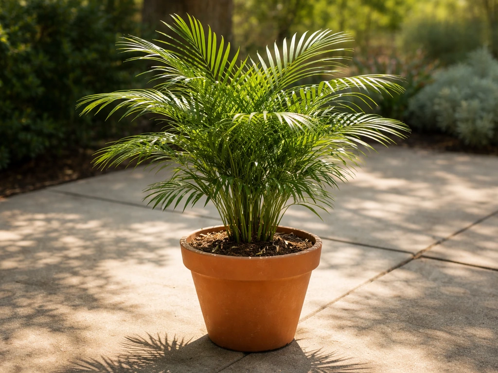 Lush potted palm in a terracotta pot on a sunny patio, showing successful container growth.