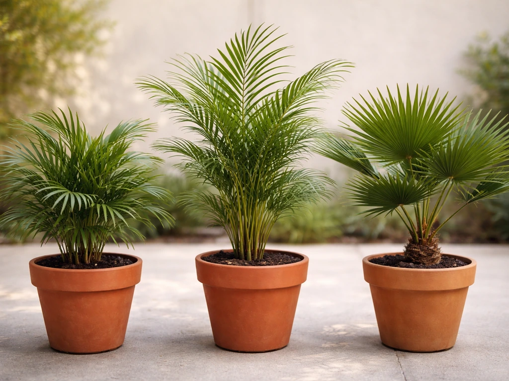 Three small potted palms side-by-side on a patio in soft daylight, leaves fanning out naturally.
