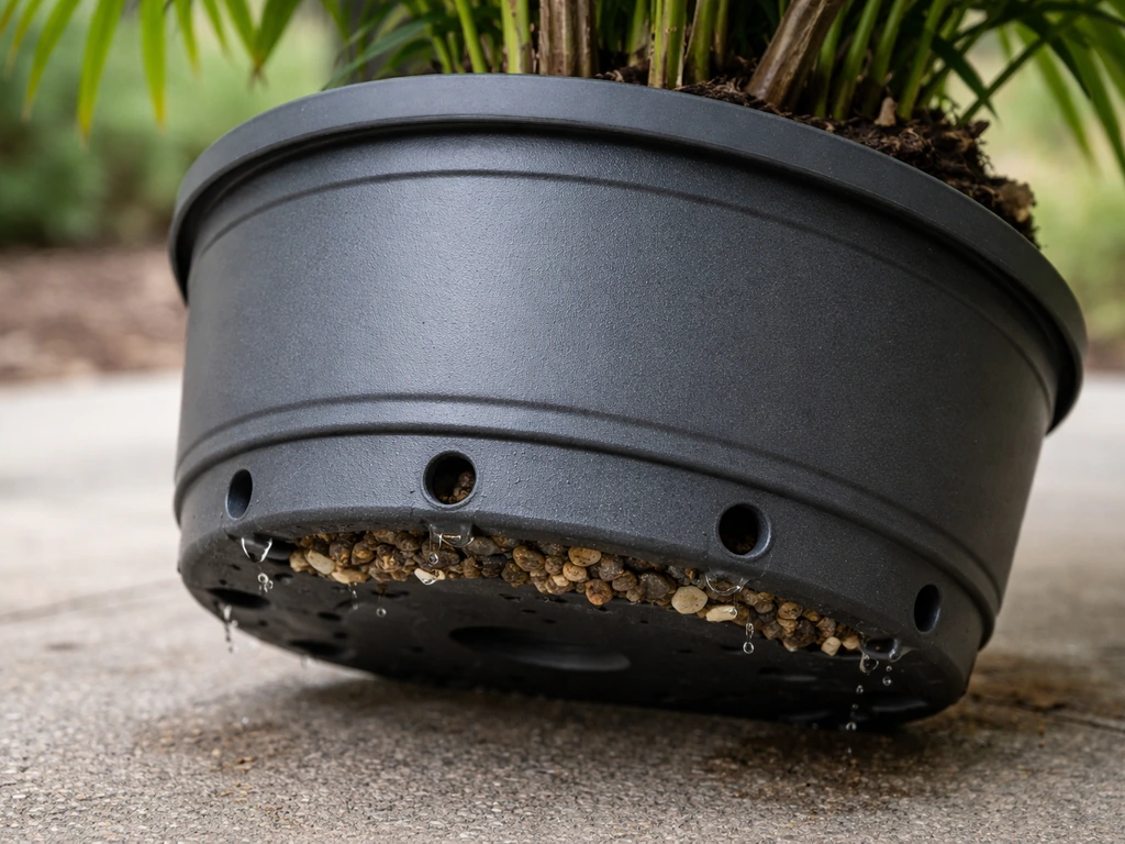 Close-up of a palm pot base with several drainage holes and gravel, showing water exits clearly.