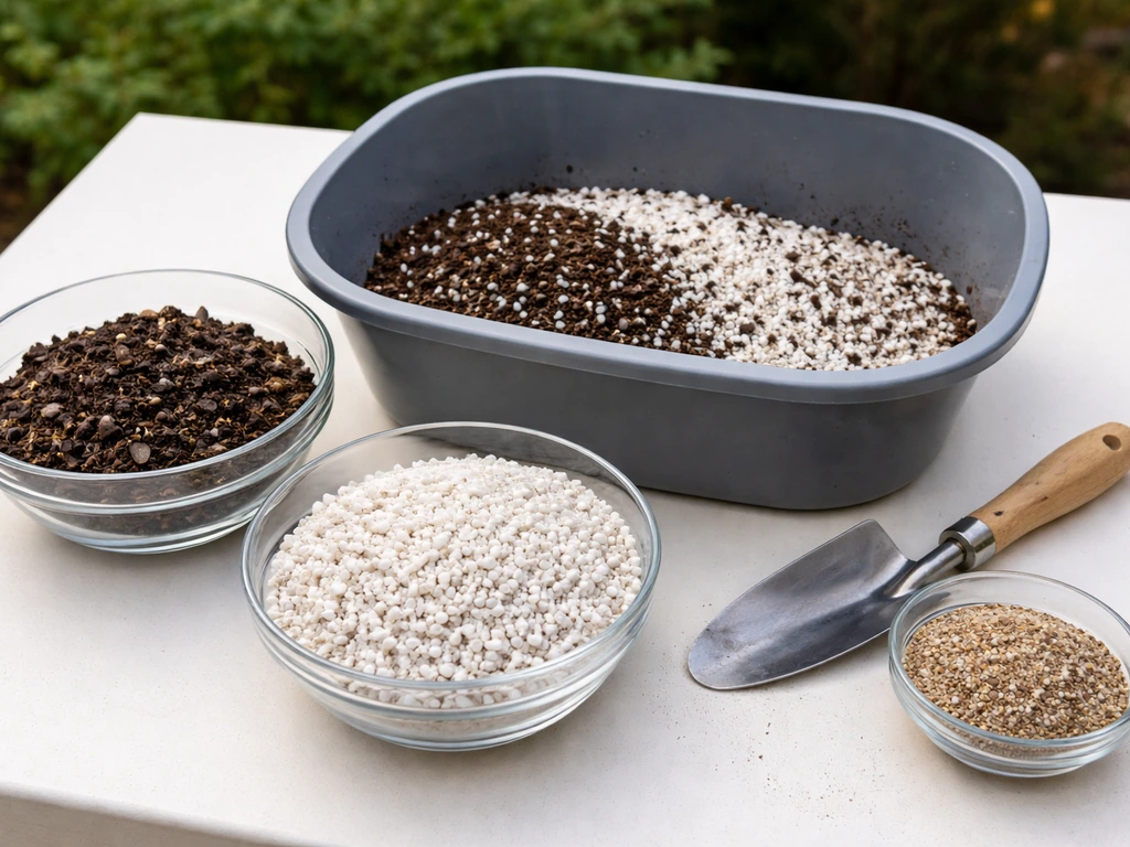 Three bowls of distinct potting mix, perlite/pumice, and grit staged for mixing palm soil.