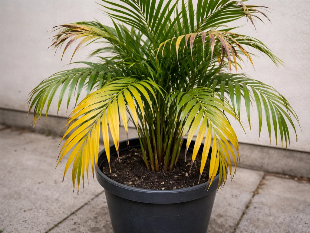 Container palm with yellow lower fronds and another frond with brown tips, suggesting overwatering and low moisture.