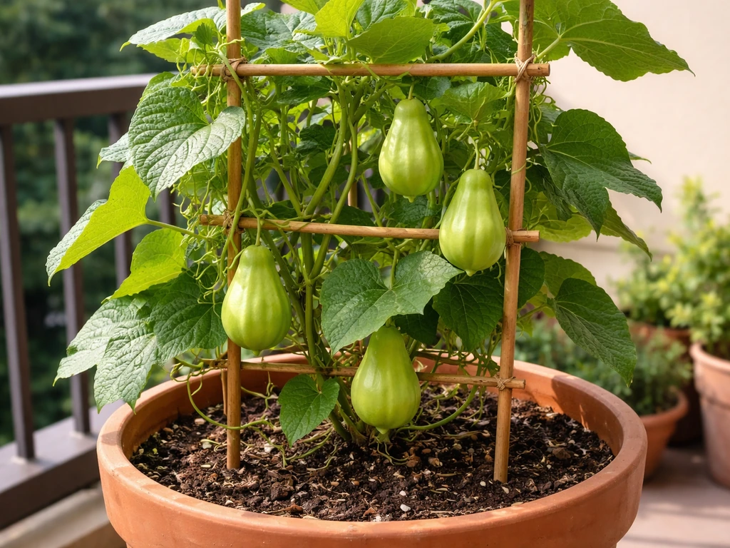 Chayote (choko) vine growing in a large pot on a sunny balcony with a climbing support and pale green fruits.
