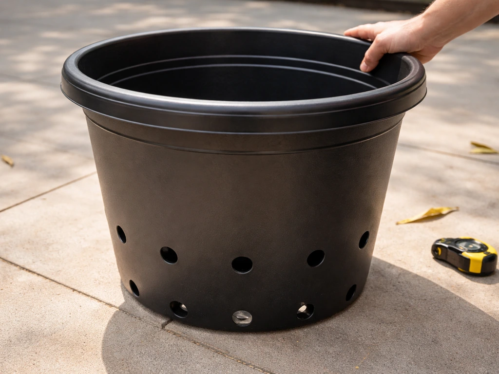 Large 60–80 litre pot with drainage holes being set down on a patio, close-up view