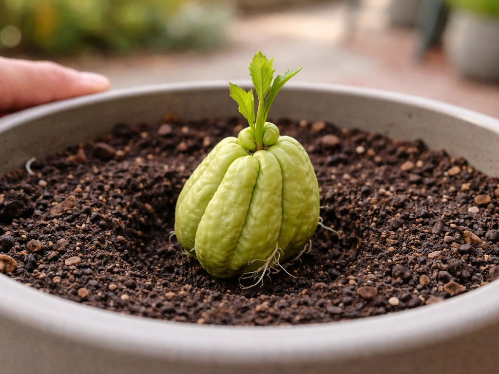 Sprouting choko fruit being placed into a container pot with potting mix up to two-thirds