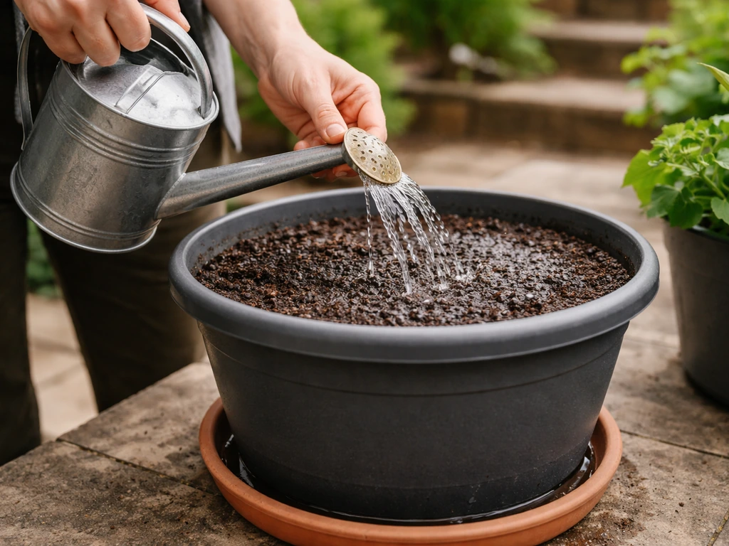 Hands watering a container choko pot with a watering can until soil is evenly moist, drainage tray shows controlled wate