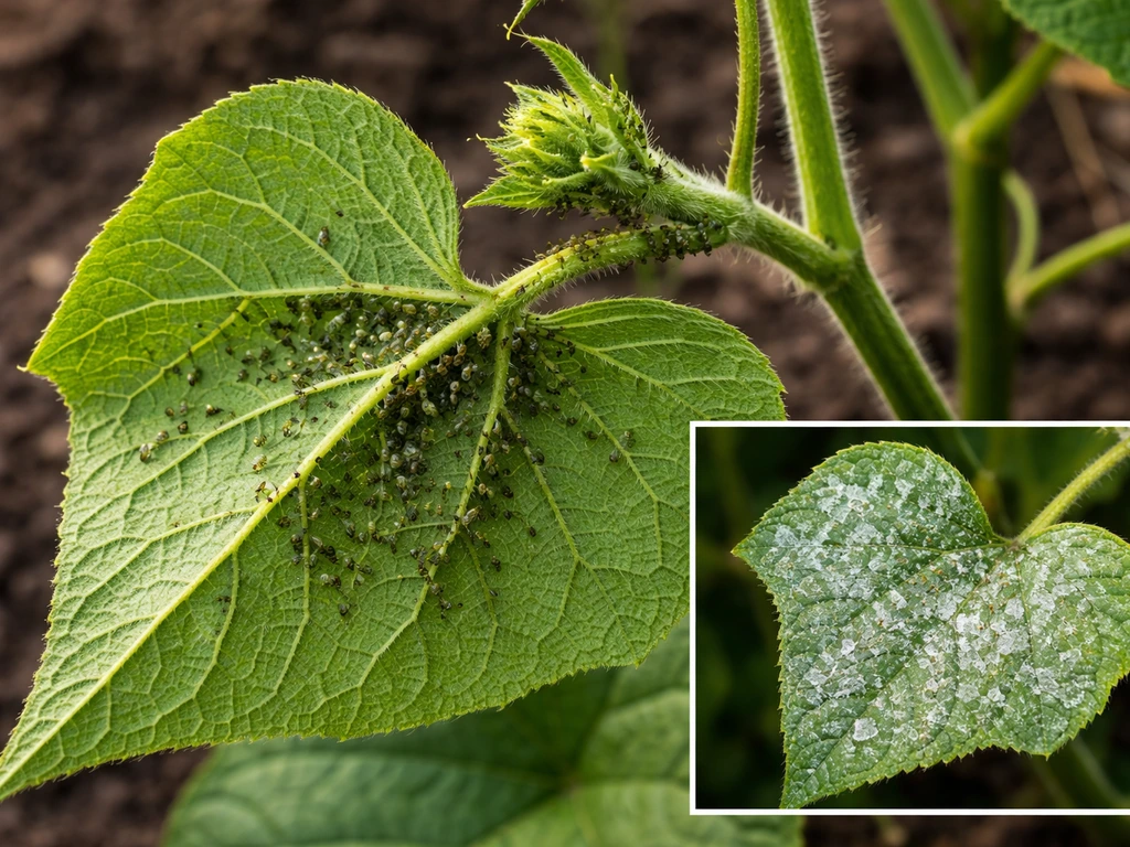 Close-up of choko leaves with aphids on new growth and a separate view of powdery mildew on foliage.