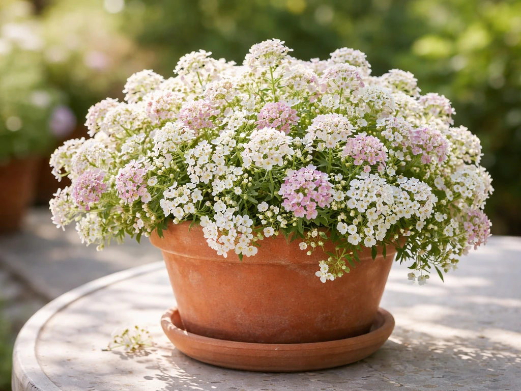 White alyssum spilling from a terracotta pot in full bloom on a sunlit patio.