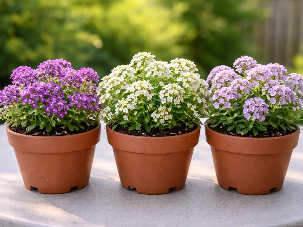 Close-up of sweet alyssum in small pots with different flower colors and textures